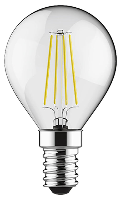 Value E14 4W LED filament bulb, round golf ball shape with clear glass body, visible warm yellow filaments, and chrome-effect E14 screw cap on a plain white background.
