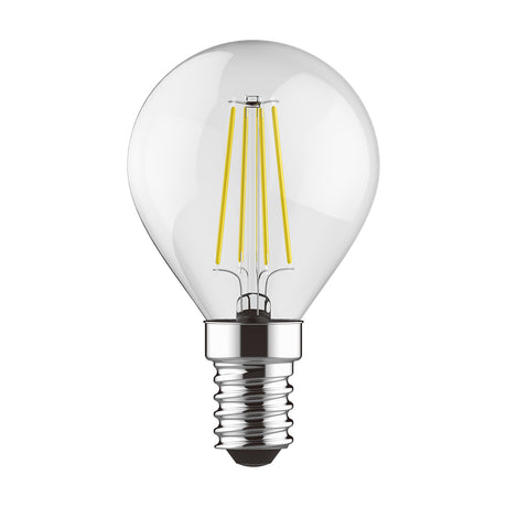 Golf ball shaped E14 LED bulb with clear glass body, visible filament-style LED strips, and chrome-tone screw cap, shown on a plain white background.