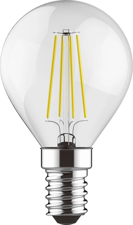 Clear golf ball LED filament bulb with visible yellow filaments, E14 small screw cap, and chrome base, shown on a plain white background.