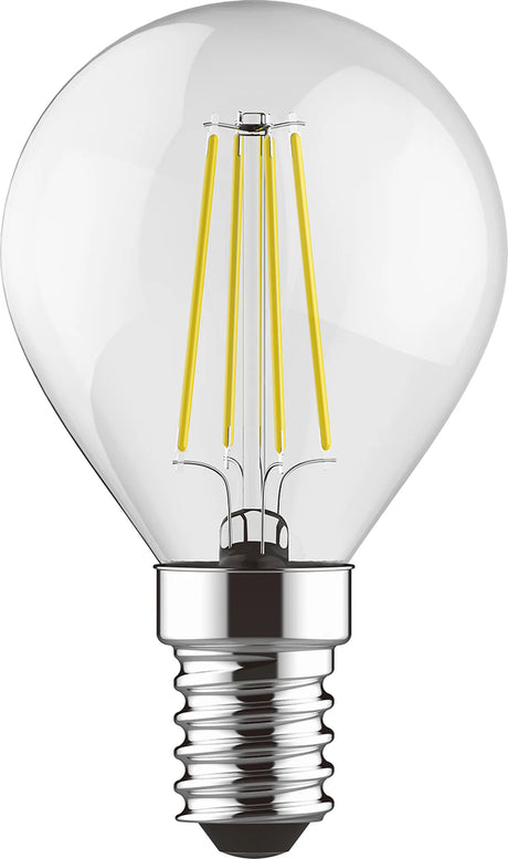 Clear golf ball LED filament bulb with E14 screw cap, visible yellow filaments, 6.5W 2700K warm white, shown on a plain white background.
