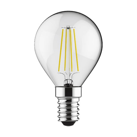 Round E14 LED filament bulb with clear glass envelope and four visible vertical filaments, chrome screw cap, dimmable 4W 2700K warm white, shown on a plain white background.