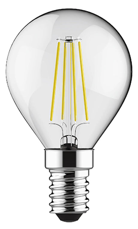 Round clear glass E14 filament LED bulb with visible warm white filaments and silver screw cap, shown against a plain white background.