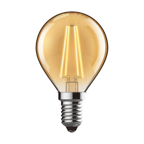 Classic E14 4W dimmable golf ball LED bulb, 45mm, in gold-tinted glass with visible filament, E14 screw fitting, shown on a plain white background.