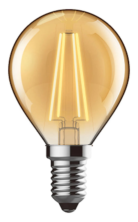 Classic E14 4W dimmable golf ball light bulb, 45mm, in gold-tinted glass with visible filament and E14 screw cap, shown on a plain white background.