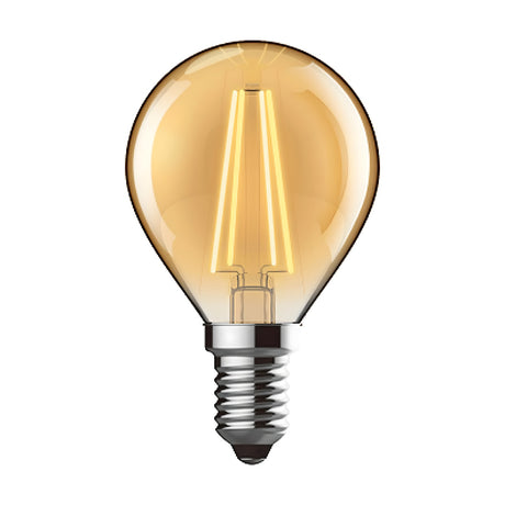E14 golf ball LED bulb with visible filament, gold-tinted glass and chrome screw cap, shown on a plain white background.
