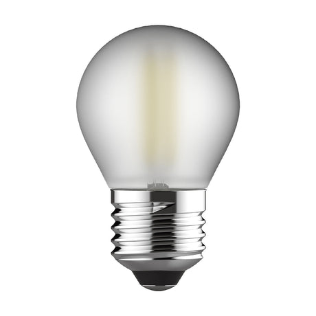 Frosted golf ball LED bulb with visible filament strips and chrome E27 screw cap, shown against a plain white background.