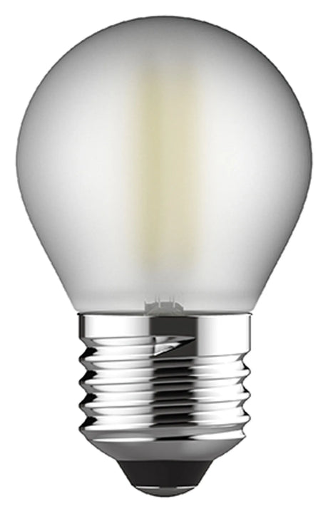 Golf ball shaped E27 LED bulb with frosted glass and chrome screw cap, showing a visible filament, 4W 2700K warm white, on a plain white background.