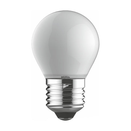 Round frosted glass E27 LED bulb, 4W dimmable, 2700K warm white, 400lm, with chrome screw cap, shown on a plain white background.