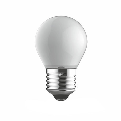 Round frosted glass E27 light bulb with chrome screw cap, dimmable, warm white 2700K, 4W/400lm, shown against a plain white background.
