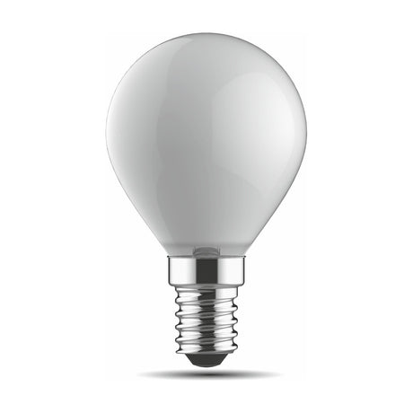 Round frosted glass golf ball light bulb with E14 small screw cap, 45mm dimmable 4W bulb in warm white 2700K, shown on a plain white background.