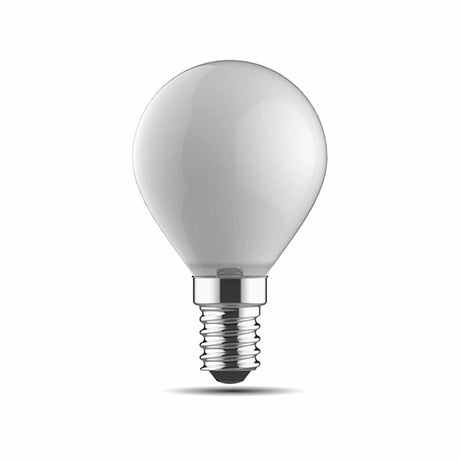 Frosted E14 golf ball light bulb, 45mm round shape with silver screw cap, dimmable 4W warm white 2700K, shown on a plain white background.