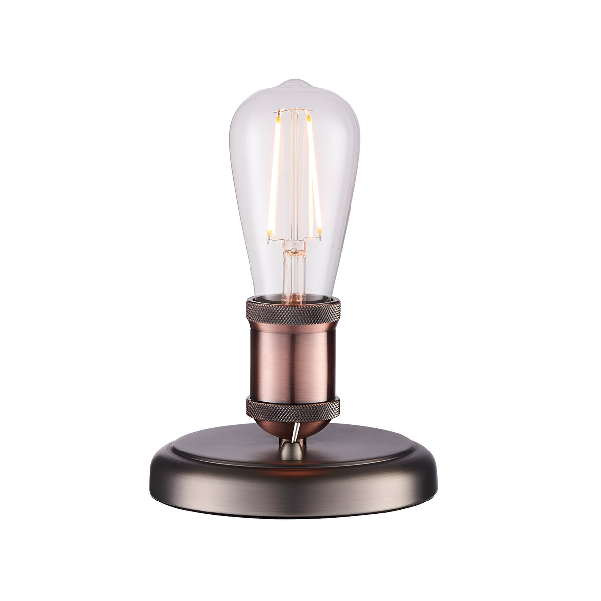 Endon Brackley small industrial table lamp in aged pewter and copper with knurled E27 holder and exposed filament bulb, on a plain white background.