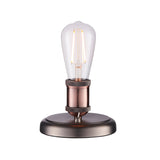 Endon Brackley small industrial table lamp in aged pewter and copper with knurled E27 holder and exposed filament bulb, on a plain white background.
