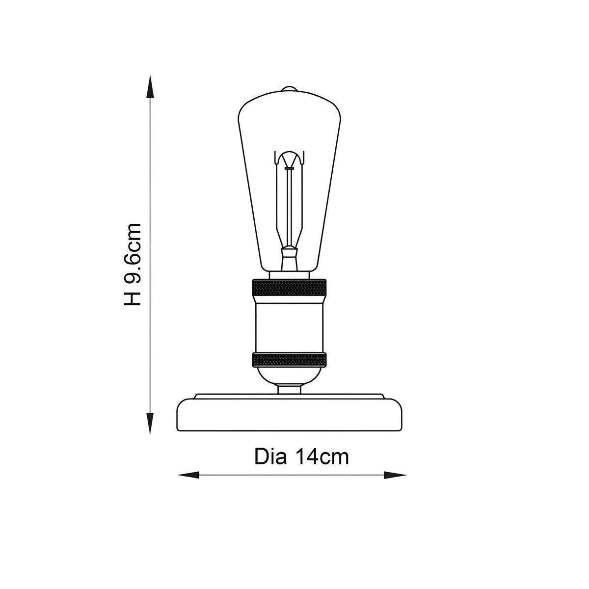 Line drawing of Endon Brackley table lamp showing dimensions of 9.6cm height and 14cm diameter with exposed filament bulb and knurled lamp holder.