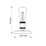 Line drawing of Endon Brackley table lamp showing dimensions of 9.6cm height and 14cm diameter with exposed filament bulb and knurled lamp holder.