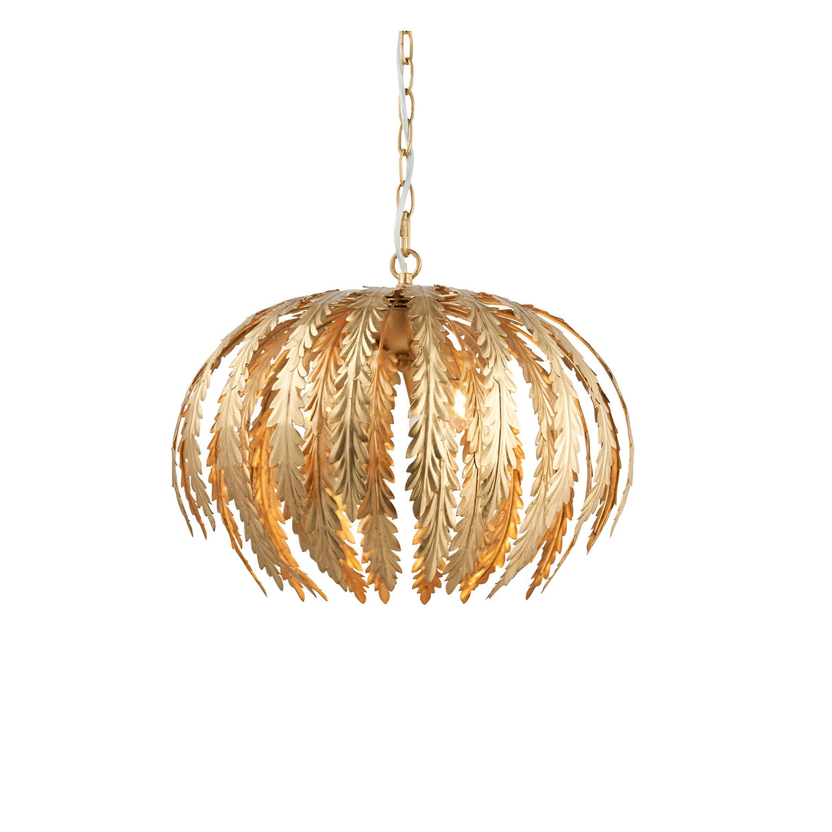 Endon Colette 3 light pendant in gold, with layered fanning leaf shapes suspended from a chain, shown on a plain white background.