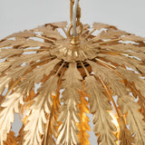 Close-up of the Endon Colette 3 Light Pendant in gold, showing layered gold leaf foliage fanning from the chain suspension over lit E14 lamps.