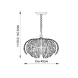 Dimension diagram of Endon Colette 3 Light Pendant showing 45cm diameter and adjustable 50.5–140.5cm height with layered leaf shade on a chain.
