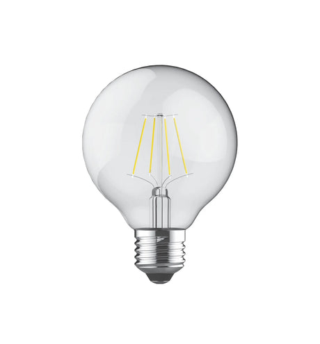 Clear glass E27 globe bulb, 80mm, with visible vertical LED filaments and chrome screw cap, shown on a plain white background.