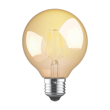 Value E27 4W Globe Bulb, 80mm gold-tinted glass globe with visible LED filament and E27 screw cap, 2200K warm light, on a plain white background.