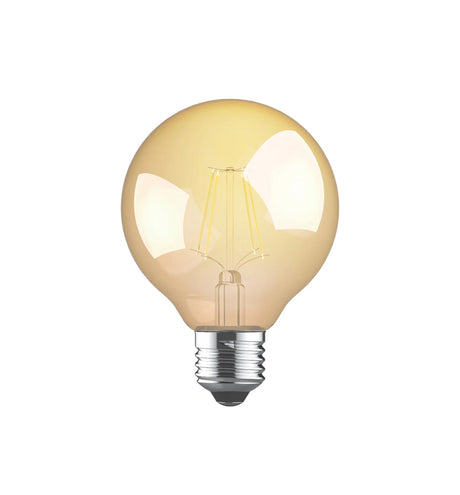 Vintage-style E27 globe bulb, 80mm gold-tinted glass with visible filament and chrome-capped screw base, shown on a plain white background.