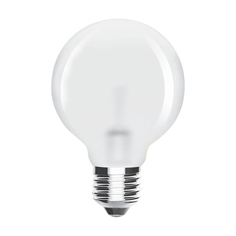 E27 Globe G80 LED bulb with opal glass finish and chrome screw cap, 8W warm white 2700K, shown on a plain white background.