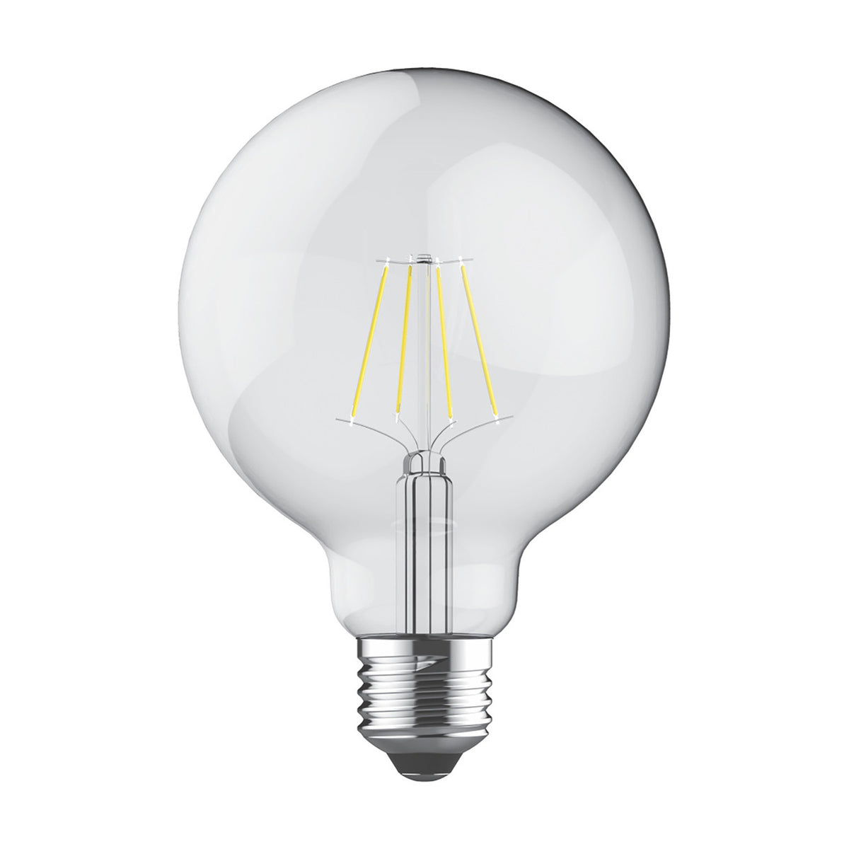 Clear glass G95 globe LED bulb with visible filaments and E27 screw cap, 4W warm white 2700K, non-dimmable, shown on a plain white background.