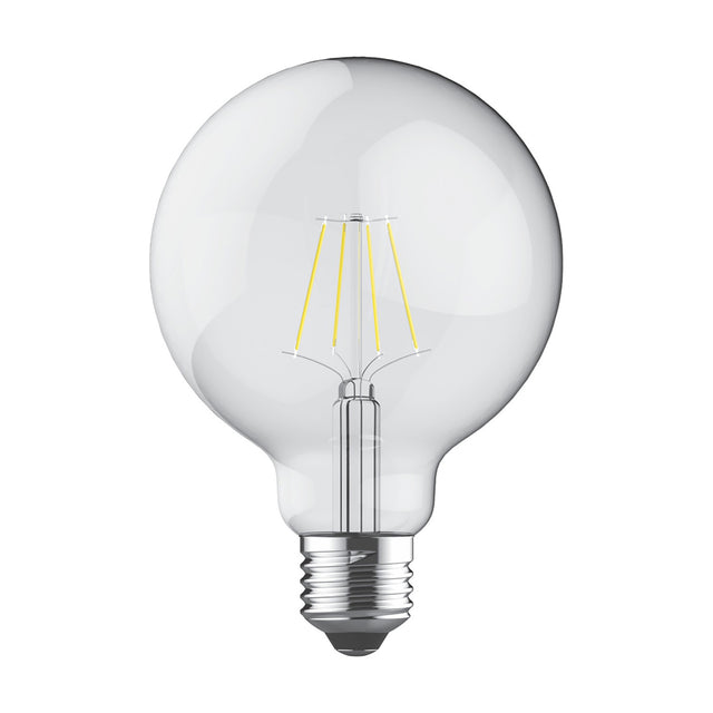 Clear glass G95 globe LED bulb with visible filaments and E27 screw cap, 4W warm white 2700K, non-dimmable, shown on a plain white background.