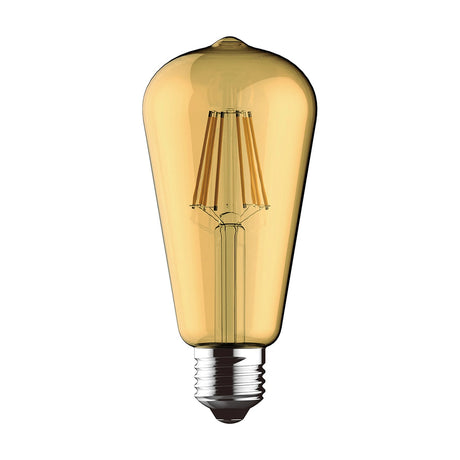 E27 ST64 squirrel cage LED bulb with gold-tinted glass and visible amber filaments, teardrop shape, screw fitting, shown on a plain white background.