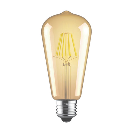 Vintage-style E27 LED filament bulb with tapered ST64 shape, gold-tinted glass, and visible warm-glowing filaments, shown on a plain white background.