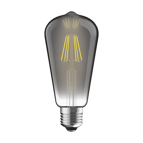 LED E27 6.5W Dimmable Bulb in smoked glass with tapered ST64 shape, visible filaments, 4000K cool white, on a plain white background.