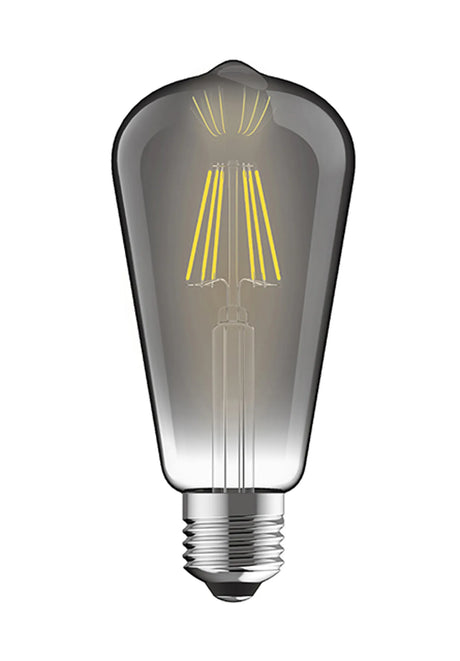 LED E27 dimmable bulb with smoked glass ST64 tapered shape, visible LED filaments, and E27 screw cap, shown on a plain white background.