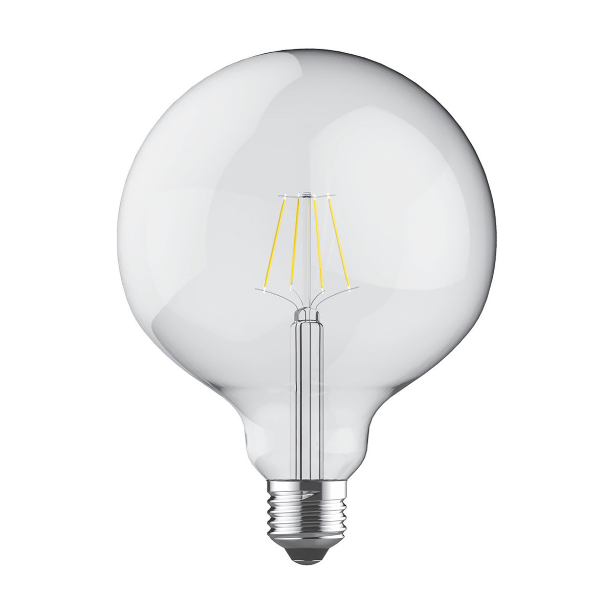 Clear glass E27 globe bulb, 12.5cm sphere with visible warm white LED filaments, E27 screw cap base, shown on a plain white background.