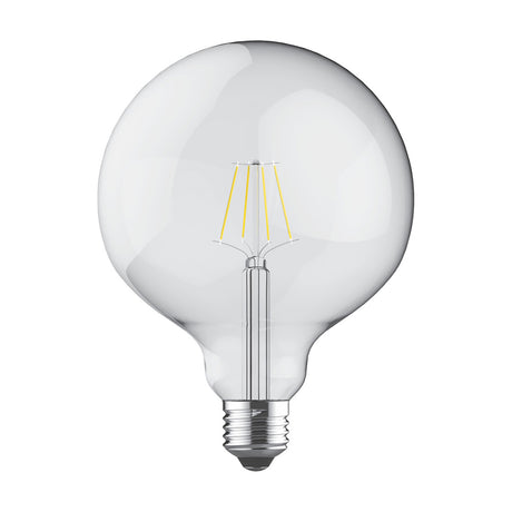 Clear glass E27 globe bulb, 12.5cm sphere with visible warm white LED filaments, E27 screw cap base, shown on a plain white background.