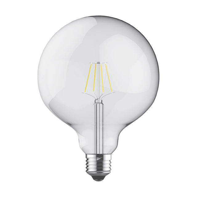 Clear glass E27 globe bulb, 12.5cm sphere with visible warm white LED filaments, E27 screw cap base, shown on a plain white background.