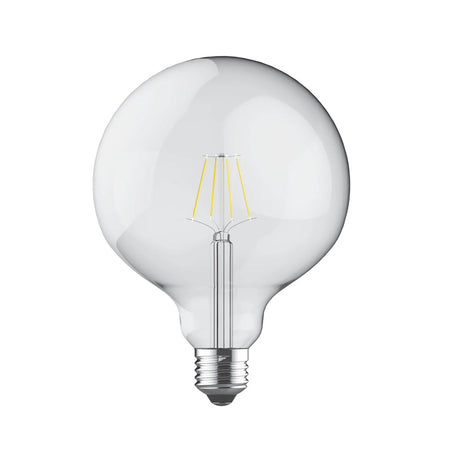 Clear glass G125 globe LED bulb with visible filaments and E27 screw cap, shown on a plain white background, 4W warm white 2700K, non-dimmable.