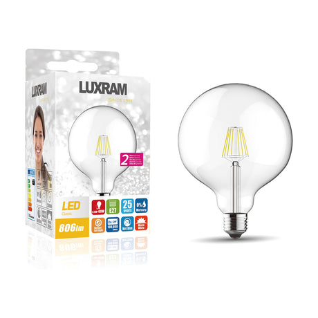 Value E27 8W Globe Bulb, 12.5cm clear glass with visible vintage-style filaments and E27 screw fitting, shown beside packaging on a white background.