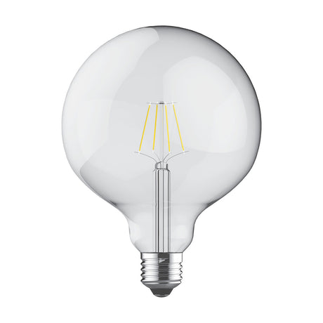 Clear E27 globe bulb, 12.5cm round shape with visible LED filaments and E27 screw fitting, shown on a plain white background.