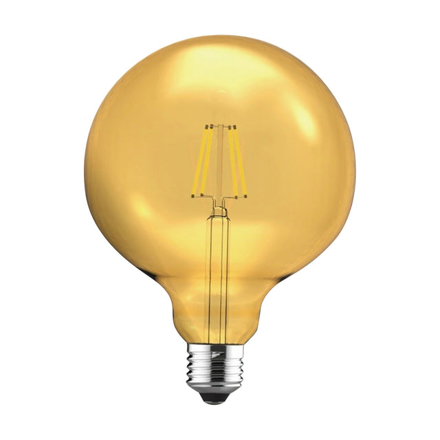 Value E27 8W Globe Bulb, 12cm gold-tinted glass globe with visible LED filaments and E27 screw cap, shown on a plain white background.