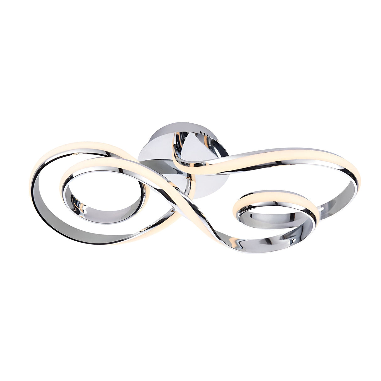 Endon Neve LED semi-flush ceiling light with a swirling looped chrome frame and integrated warm white LED strip, shown on a plain white background.