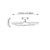 Dimension diagram of the Endon Neve LED semi-flush ceiling light showing 67cm length, 28cm width and 24cm height on a white background.