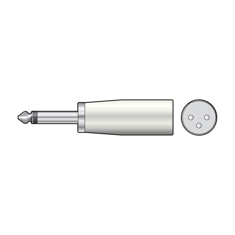 QTX 6.3mm mono jack to XLR male adapter by AVSL with metal housing, shown alongside a 3-pin XLR end view on a plain white background.