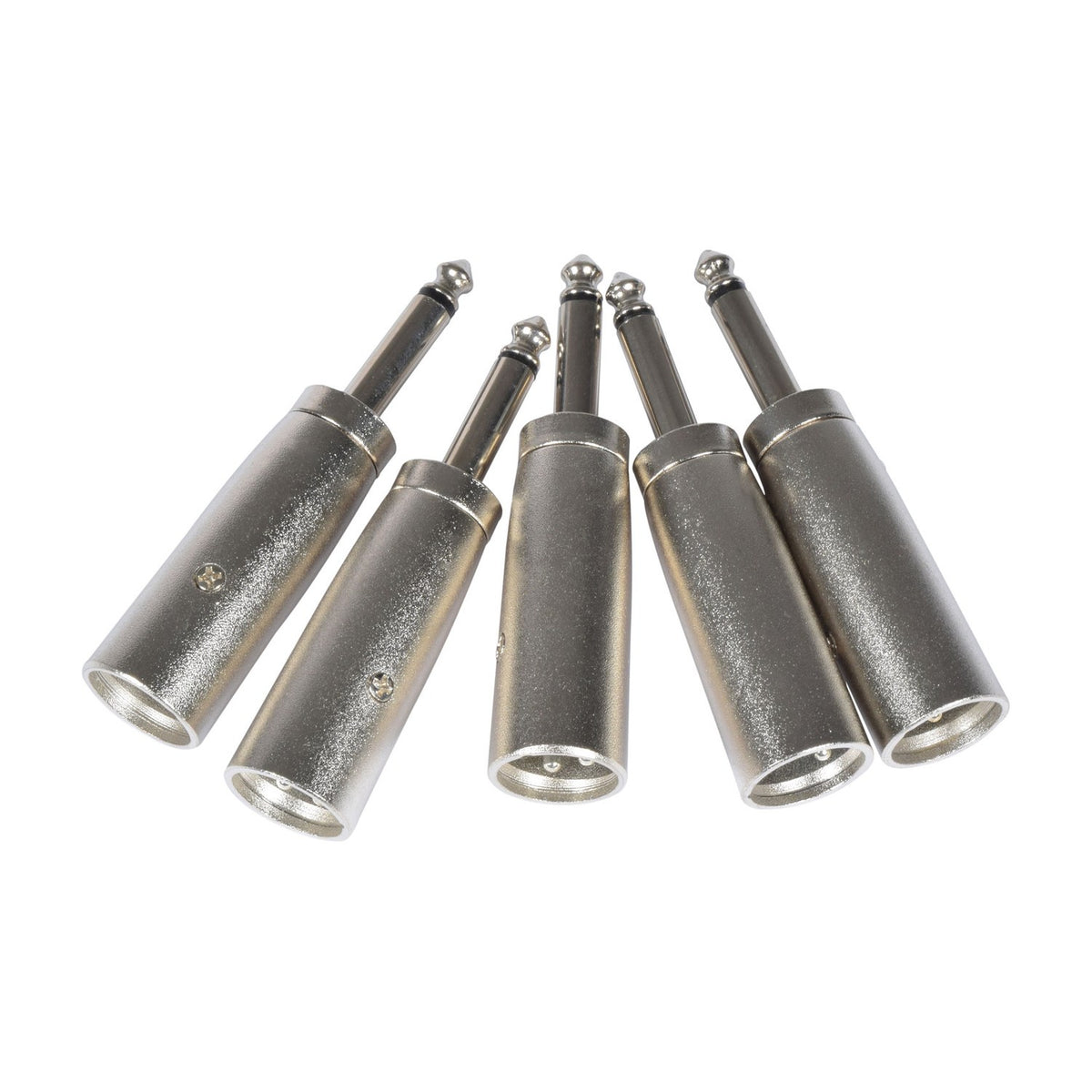 Five QTX 6.3mm mono jack to XLR male adapters by AVSL with silver metal housings, arranged in a fanned row on a plain white background.