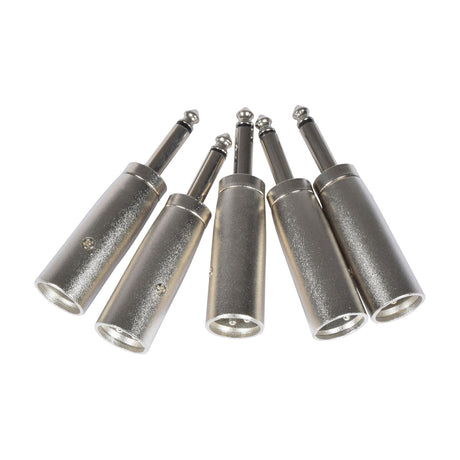 Five QTX 6.3mm mono jack to XLR male adapters by AVSL with silver metal housings, arranged in a fanned row on a plain white background.