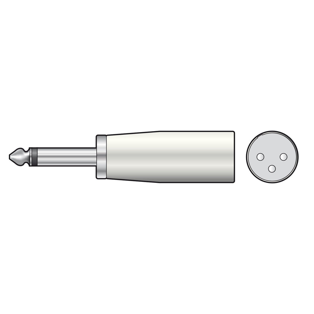 Illustration of the QTX Adaptor 6.3mm Mono Plug - XLR Male shown from the side and front. The adaptor, built for unbalanced mono audio signals, showcases a metal tip and a cylindrical body reminiscent of classic 6.3mm mono jack design.