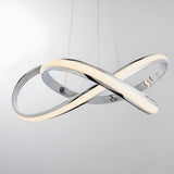 Endon Neve pendant light with sculptural looped chrome band and white LED diffuser, suspended on thin wire cables against a plain light background.