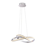 Endon Neve LED pendant light with sculptural looped chrome curves and white diffuser, suspended from thin wires on a plain white background.