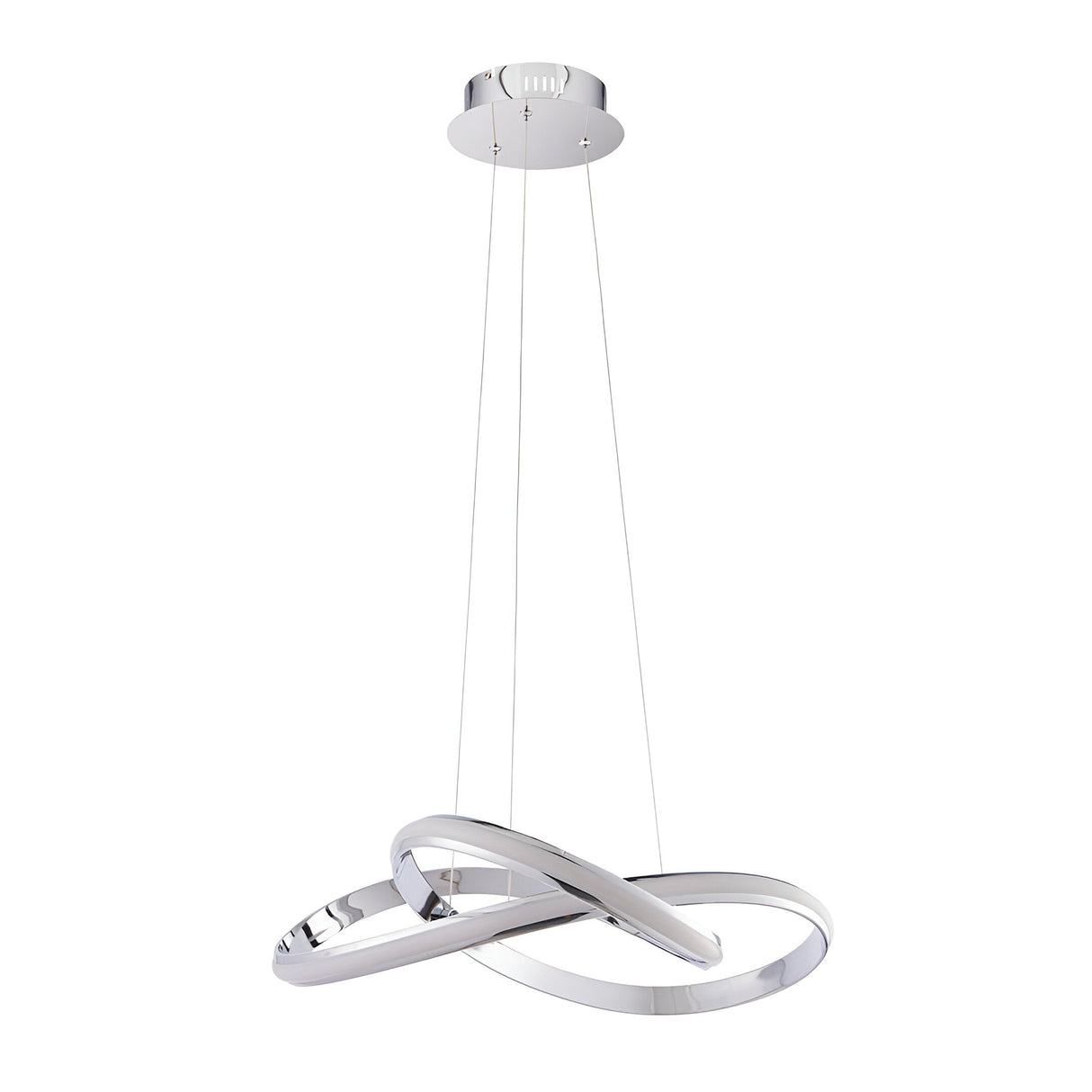 Endon Neve LED pendant light with sculptural looped chrome band and white diffuser, suspended on thin wires from a round chrome ceiling plate.