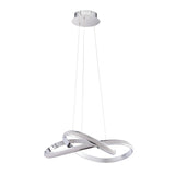 Endon Neve LED pendant light with sculptural looped chrome band and white diffuser, suspended on thin wires from a round chrome ceiling plate.