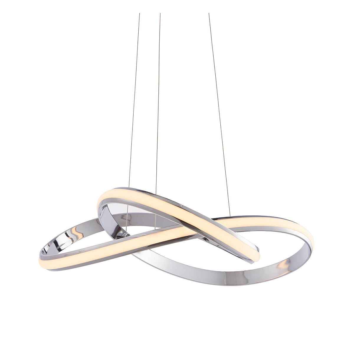 Endon Neve LED pendant light with sculptural looped chrome band and white diffuser, suspended on thin wire cables against a plain white background.